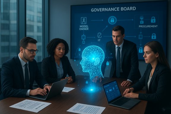 Corporate team in a boardroom examines a holographic blue brain for IT governance.