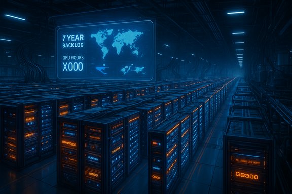 A futuristic data center with blue-lit server racks and a holographic backlog display.