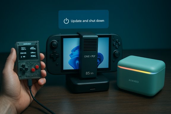 A Switch-like handheld console on a dock, alongside a retro handheld and an AYANEO case.