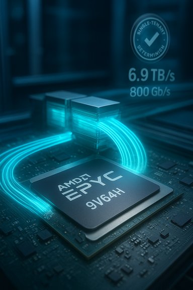 AMD EPYC 9V64H CPU with neon blue data streams on the motherboard.
