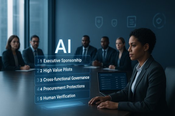 A professional woman sits at a table as a holographic AI menu lists sponsorship and governance options.