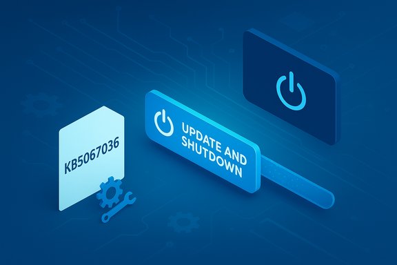 Blue tech illustration showing an Update and Shutdown slider with a power button.