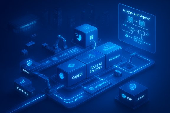 A neon blue AI factory scene with Copilot and Azure AI Foundry blocks and an AI Apps diagram. A neon blue AI factory scene with Copilot and Azure AI Foundry blocks and an AI Apps diagram.