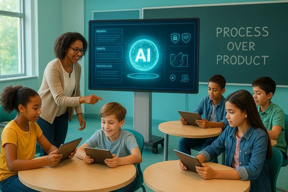Teacher guides students in an AI lesson as they work on tablets in a bright classroom.