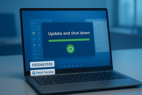 Laptop displays Windows 'Update and shut down' screen with a progress bar and Patch Tuesday sticker.