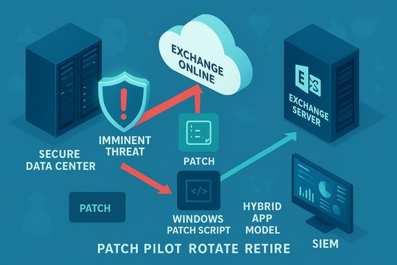 A secure data center patches toward Exchange Online, with threat shield and SIEM.