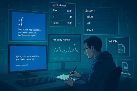 A person analyzes blue-screen and system diagnostic screens after a PC crash. A person analyzes blue-screen and system diagnostic screens after a PC crash.