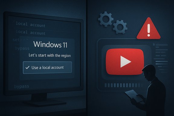 Windows 11 setup prompts for a local account, beside a YouTube play icon and warning symbols.