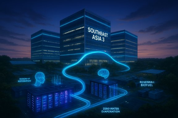 Futuristic campus with blue neon energy lines outlining glass towers labeled Southeast Asia 3.