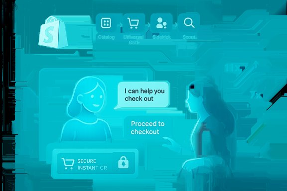 Teal-toned digital checkout scene with a friendly assistant guiding a secure, instant checkout.