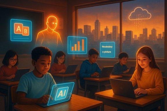Students in a dim classroom work on laptops as neon holograms show AI, charts, and vocabulary prompts.
