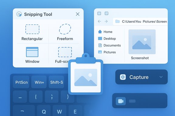 Blue-toned illustration of a Snipping Tool capturing a screenshot from Windows UI elements.