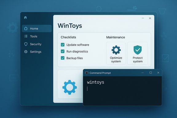 WinToys UI: a blue Windows-like dashboard with checklists, maintenance tools, and a terminal window.