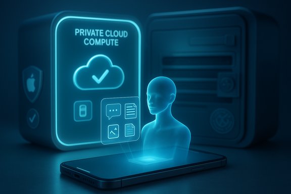 Blue holographic display shows private cloud compute with a translucent humanoid figure above a smartphone.