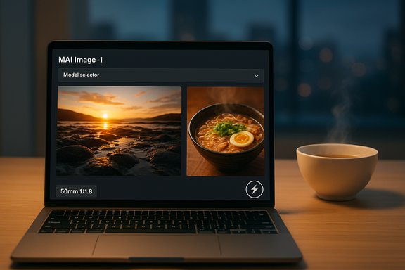 Laptop screen displays MAI Image-1 UI with sunset beach and ramen thumbnails beside a steaming mug.