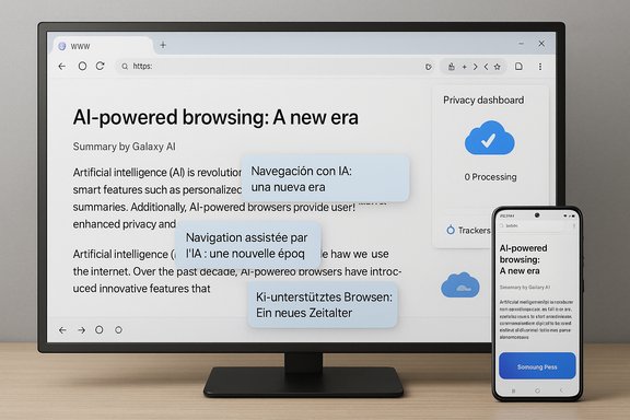 AI-powered browsing article on a monitor and smartphone, with multilingual annotation bubbles.