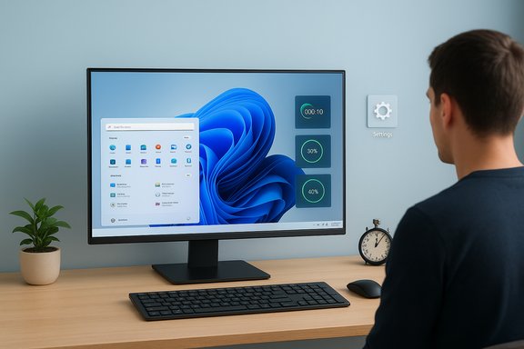 Person sits at a clean desk with a large monitor displaying widgets and a wall-mounted Settings icon.
