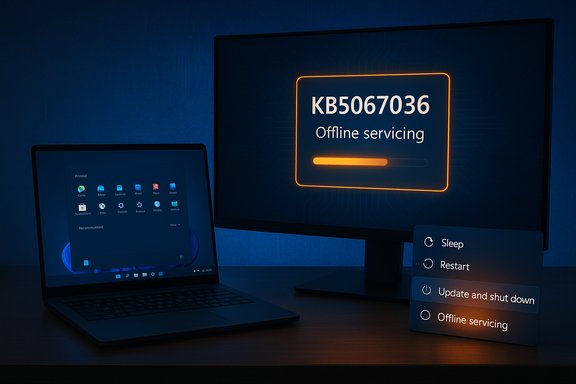 Desktop setup with a laptop and a monitor displaying KB5067036 Offline servicing and a power menu.