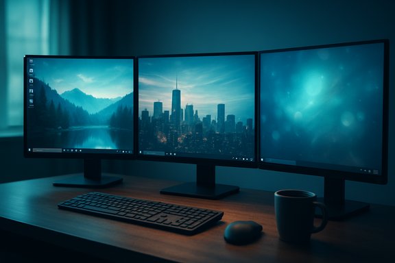 Triple-monitor workstation showing a city skyline, a nature landscape, and blue ambient glow.