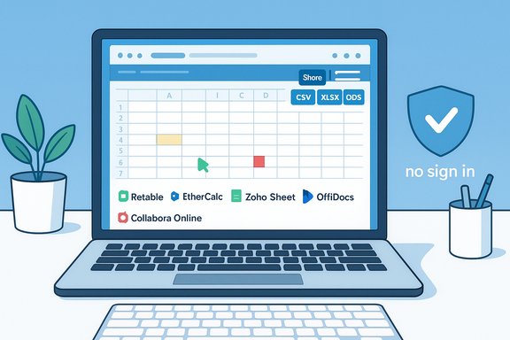 Laptop displays a spreadsheet app with online-office tool icons and a no-sign-in shield.