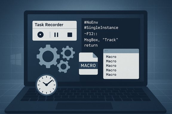 Laptop screen showing macros, code, gears, and a clock for automation.