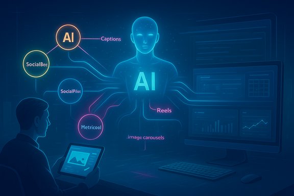 A glowing AI hub links social tools and formats like captions and reels. A glowing AI hub links social tools and formats like captions and reels.