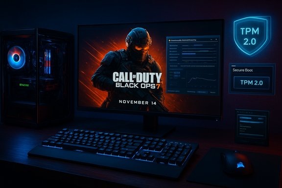 Dark gaming setup with Call of Duty: Black Ops 7 on the monitor and neon-blue peripherals.