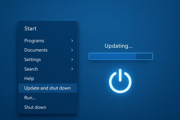 Blue Windows-style UI updating with a progress bar and “Update and shut down” option.