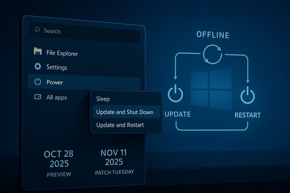 Blue Windows-style settings UI showing Power options and offline update/restart flow.