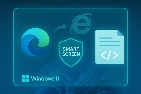 Windows 11 security graphic with Edge logo, SmartScreen shield, and a code document.