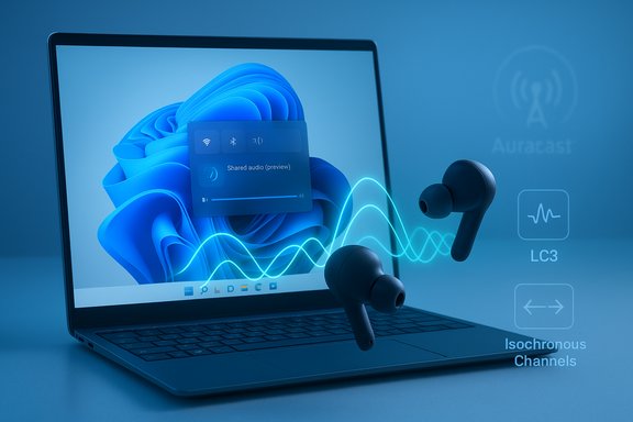 A laptop displays a blue abstract wallpaper as wireless earbuds float with glowing audio waves.