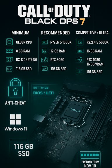 Neon poster listing minimum, recommended, and ultra PC specs for Call of Duty: Black Ops 7.