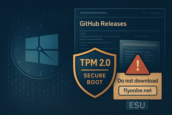 Graphic shows TPM 2.0 Secure Boot shield, GitHub Releases, and a Do Not Download warning.