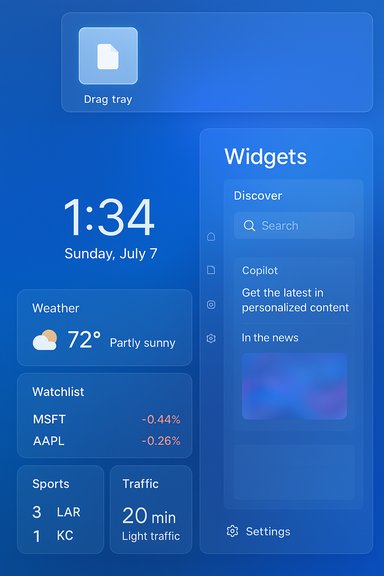 Blue iOS-style dashboard with time, weather, stocks, and floating widgets.