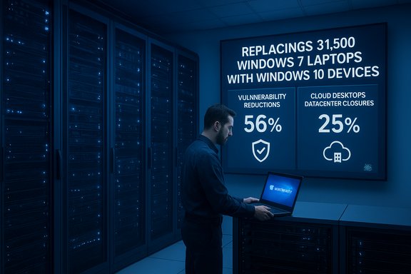 A man in a blue data center studies a slide about replacing 31,500 Windows 7 laptops with Windows 10 devices.