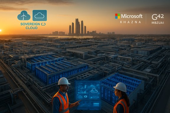 Two engineers in orange vests survey a vast data-center at sunset with Sovereign Cloud and Microsoft Khazna branding. Two engineers in orange vests survey a vast data-center at sunset with Sovereign Cloud and Microsoft Khazna branding.