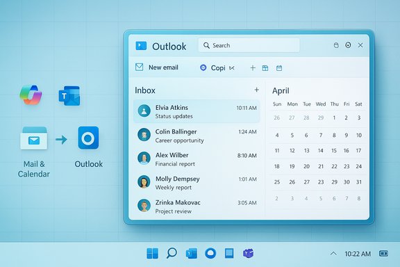 Outlook inbox and calendar UI on a blue desktop with app icons.