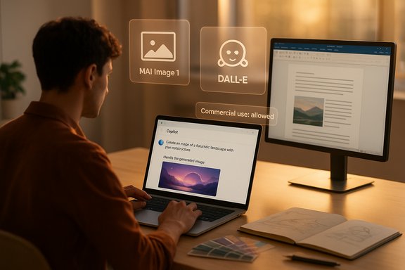 A person works at a desk using a laptop and monitor to generate AI images (DALL-E/MAI Image 1).
