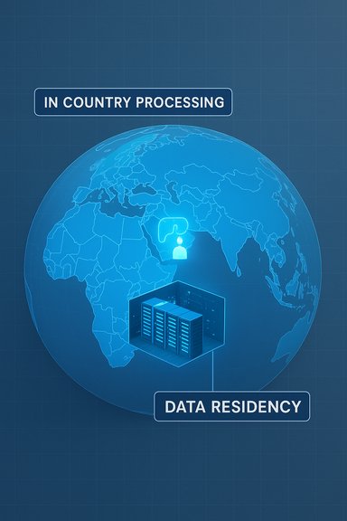 Global map and servers symbolize in-country processing and data residency.