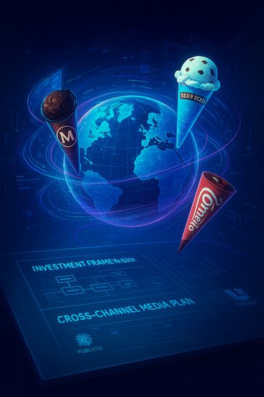 A futuristic globe with orbiting ice-cream cones above a digital investment plan.