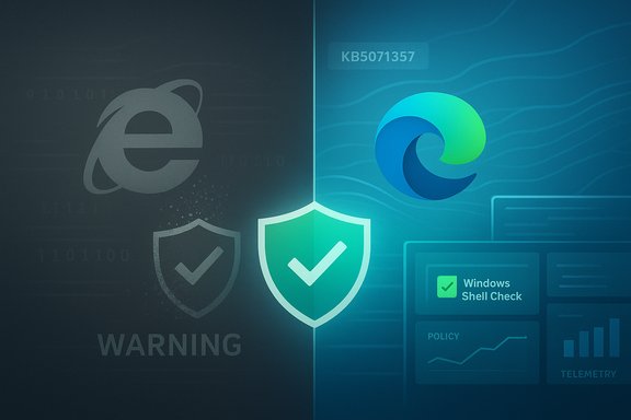 Glowing shield with a checkmark stands between IE and Edge logos in a cybersecurity scene.