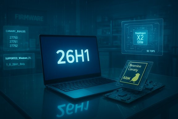 Blue-tinted futuristic lab with a laptop displaying 26H1 and holographic hardware panels.