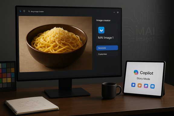 Desk setup with a monitor showing a bowl of pasta and an AI image-creator panel, with a Copilot tablet nearby.