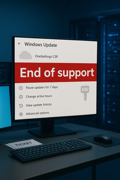 A computer monitor shows a Windows Update screen with a large 'End of support' banner.