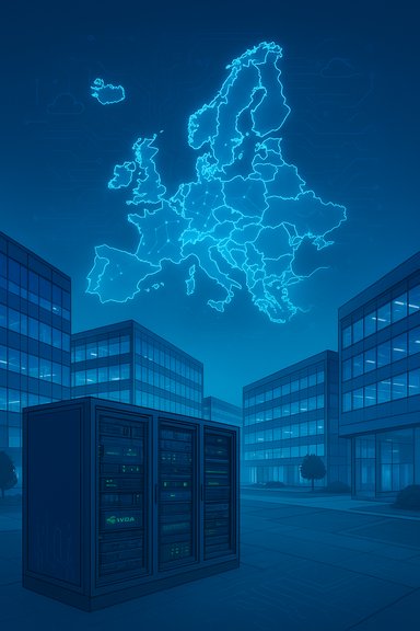 A neon outline map of Europe glows above server racks in a modern campus data center.