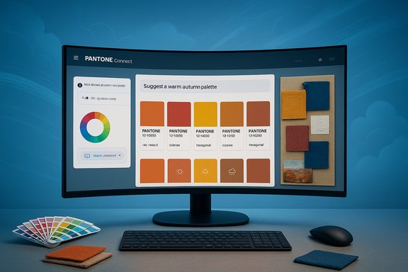 A curved computer monitor displays Pantone Connect with warm palettes, color wheel, and fabric swatches.