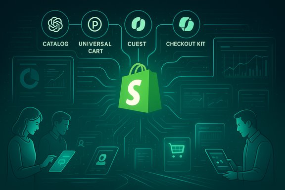 Futuristic Shopify concept with catalog, universal cart, and checkout kit around a central green shopping bag.
