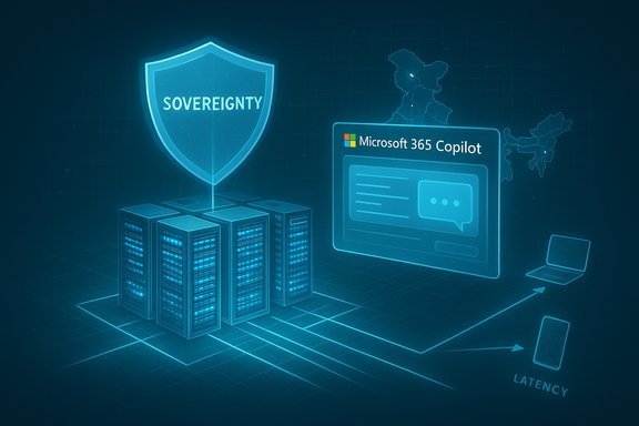 Blue holographic security scene with a sovereignty shield over servers and a Microsoft 365 Copilot UI.