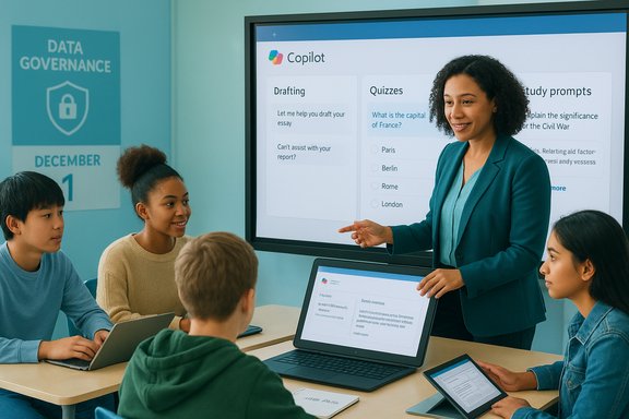 Teacher leads a data governance lesson as students use tablets and a large screen.