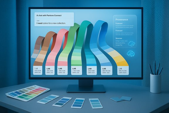 A monitor displays flowing Pantone color ribbons with swatch cards on the desk.